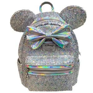 Loungefly Silver Holographic Sequin Minnie Ear Backpack